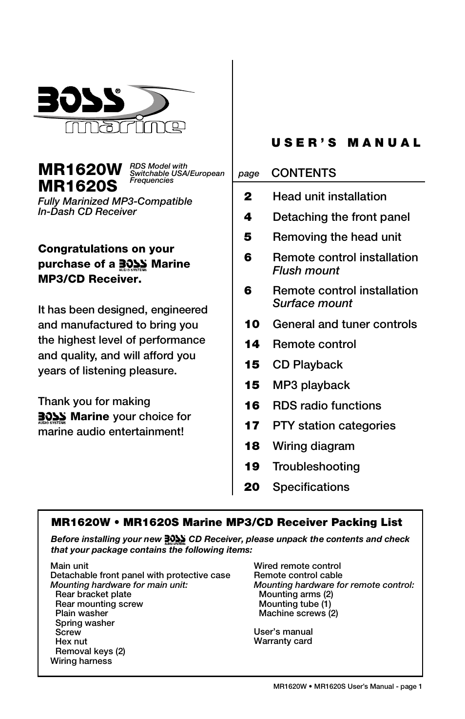 Boss Audio Systems MR1620S User Manual | Page 2 / 21