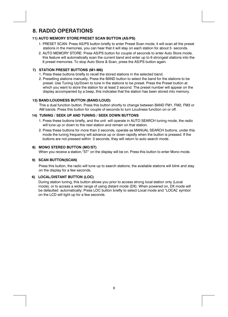 Radio operations | Boss Audio Systems MR1400W User Manual | Page 10 / 14