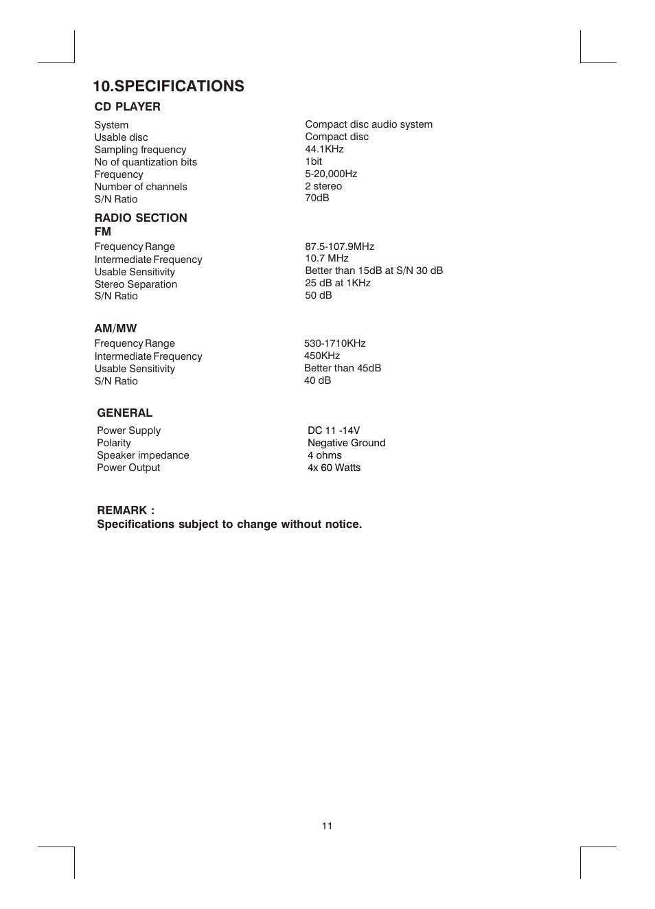 Specifications | Boss Audio Systems MR1400W User Manual | Page 12 / 14