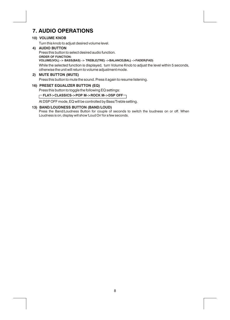 Audio operations | Boss Audio Systems MR1400W User Manual | Page 9 / 14