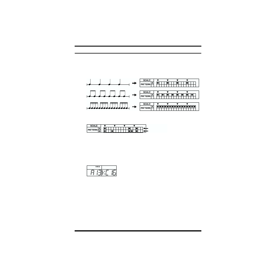 How to view the scale/pattern display, Pattern display, Switching the instrument | Pattern display switching the instrument | Boss Audio Systems DR-670 User Manual | Page 44 / 120