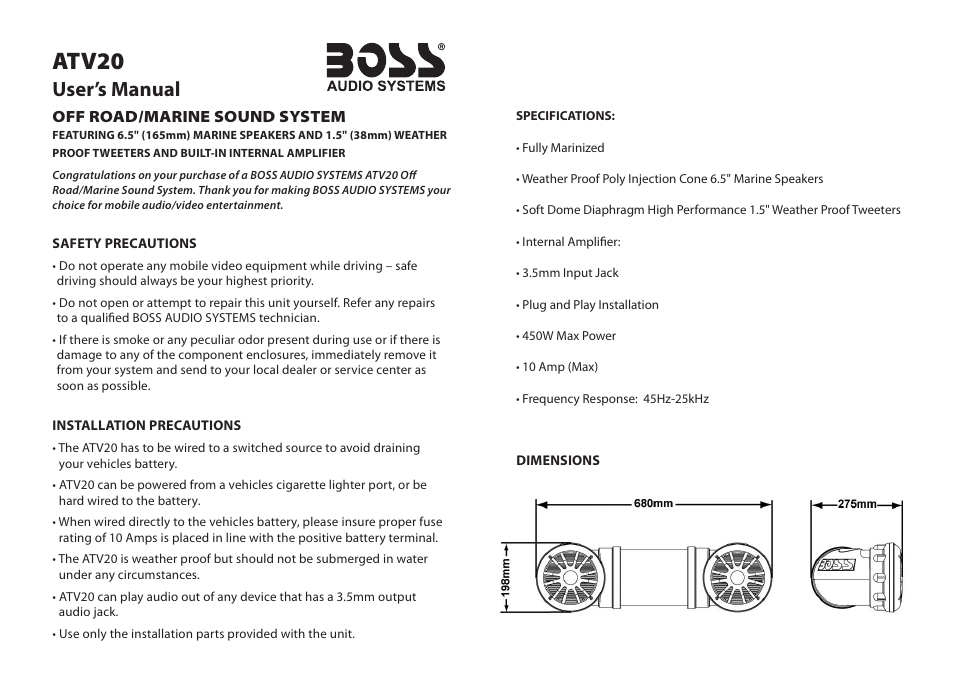 Atv20, User’s manual | Boss Audio Systems ATV20 User Manual | Page 2 / 2