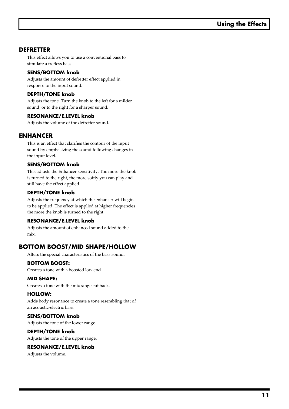 11 using the effects defretter, Enhancer, Bottom boost/mid shape/hollow | Boss Audio Systems ME-50B User Manual | Page 11 / 40