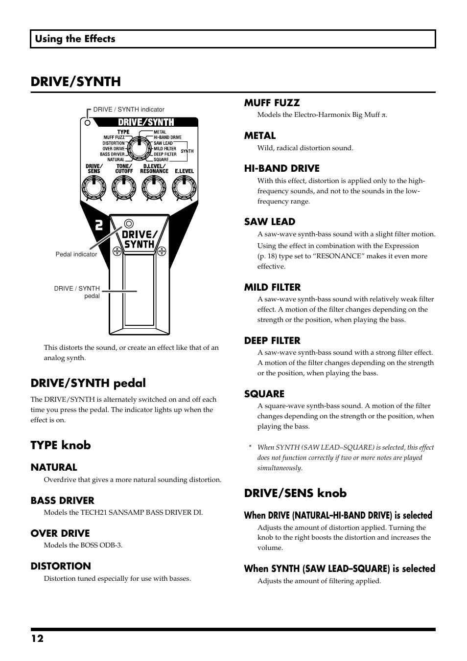 Drive/synth, Drive/synth pedal, Type knob | Drive/sens knob | Boss Audio Systems ME-50B User Manual | Page 12 / 40