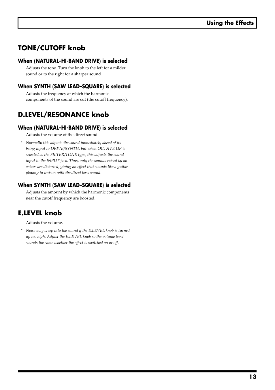 Tone/cutoff knob, D.level/resonance knob, E.level knob | Boss Audio Systems ME-50B User Manual | Page 13 / 40