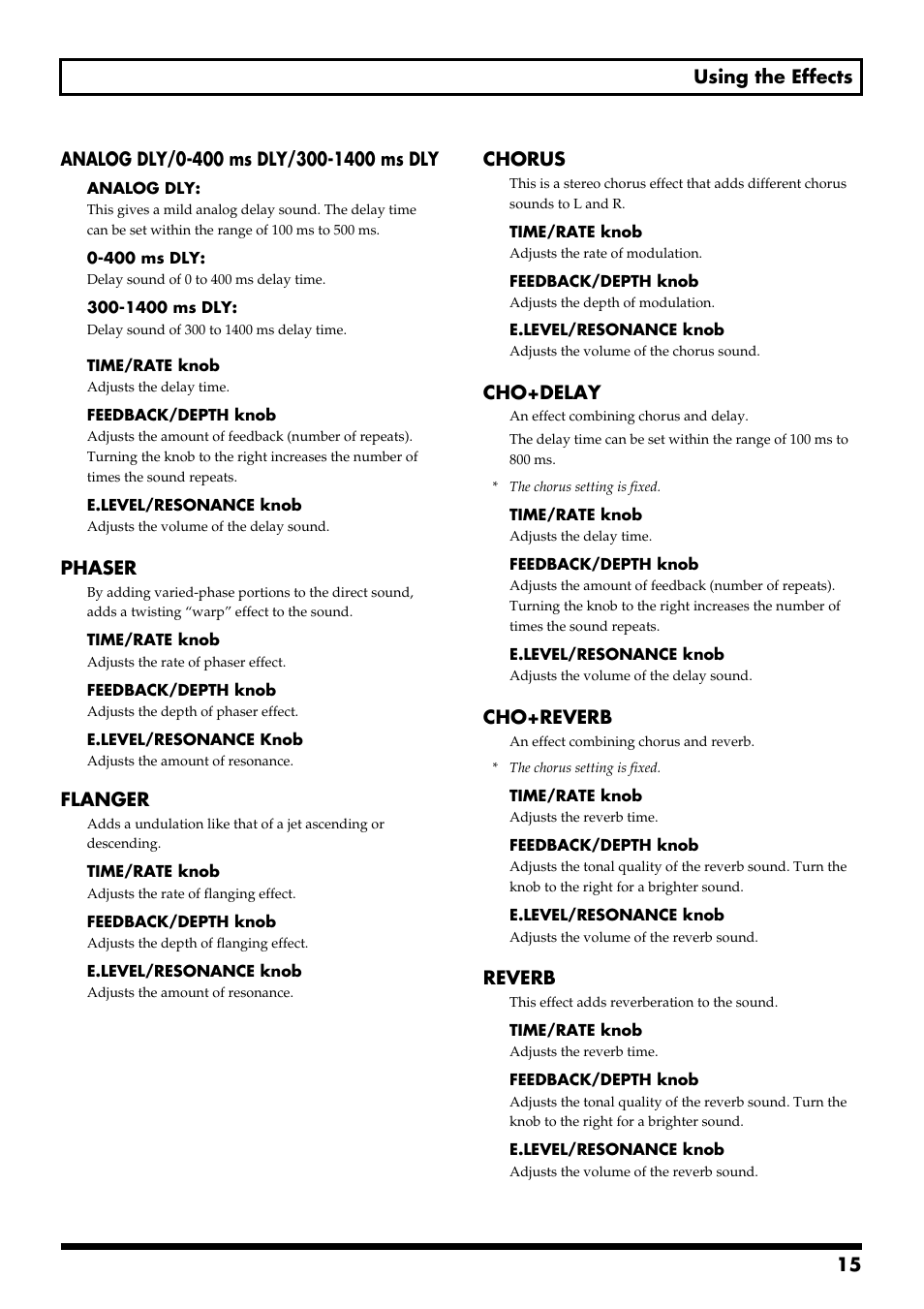 Phaser, Flanger, Chorus | Cho+delay, Cho+reverb, Reverb | Boss Audio Systems ME-50B User Manual | Page 15 / 40