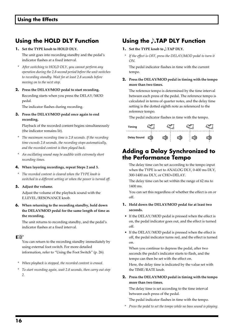 Using the hold dly function, Using the e.tap dly function, Using the hold dly function using the | Tempo” (p. 16), Tap dly function” (p. 16), Using the hold dly function” (p. 16), Using the .tap dly function, 16 using the effects | Boss Audio Systems ME-50B User Manual | Page 16 / 40