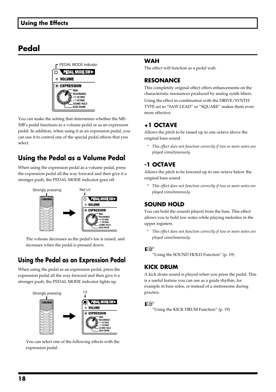 Pedal, Using the pedal as a volume pedal, Using the pedal as an expression pedal | Function as a volume pedal (p. 18), Front of the pedal (p. 18), 18 using the effects, Resonance, 1 octave, Sound hold, Kick drum | Boss Audio Systems ME-50B User Manual | Page 18 / 40