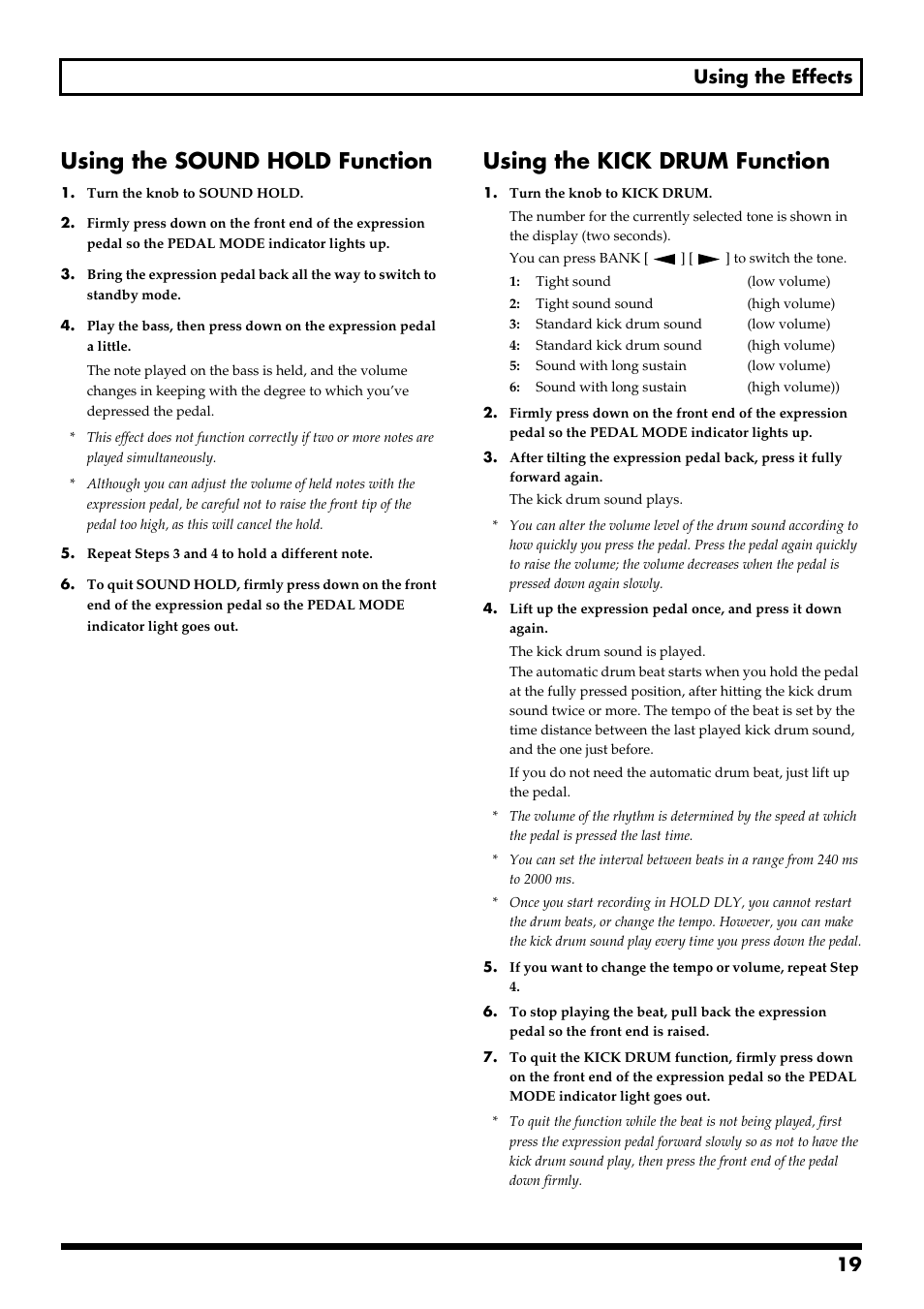 Using the sound hold function, Using the kick drum function, Using the kick drum function” (p. 19) | 19 using the effects | Boss Audio Systems ME-50B User Manual | Page 19 / 40