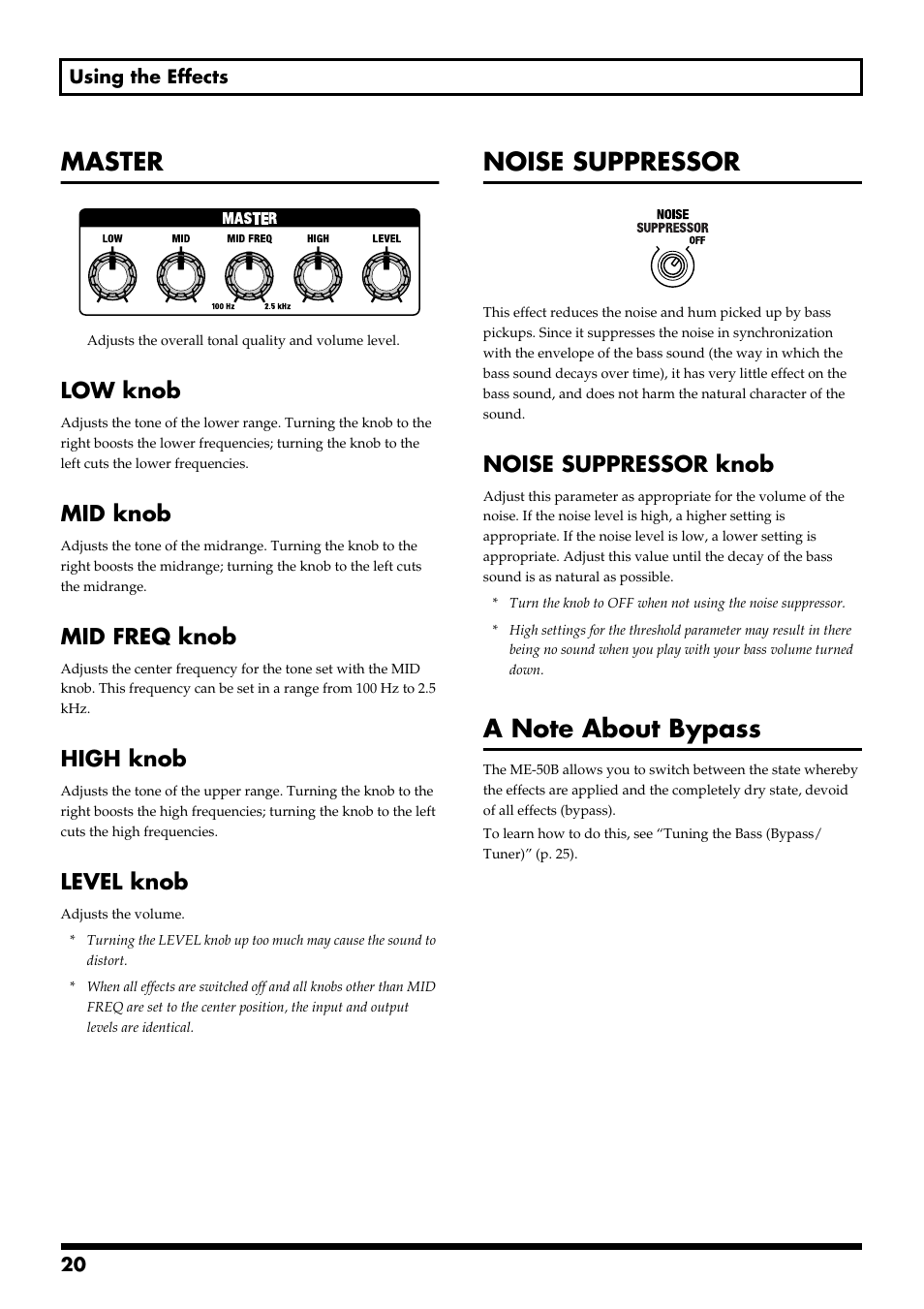 Master, Noise suppressor, A note about bypass | Low knob, Mid knob, Mid freq knob, High knob, Level knob, Noise suppressor knob | Boss Audio Systems ME-50B User Manual | Page 20 / 40