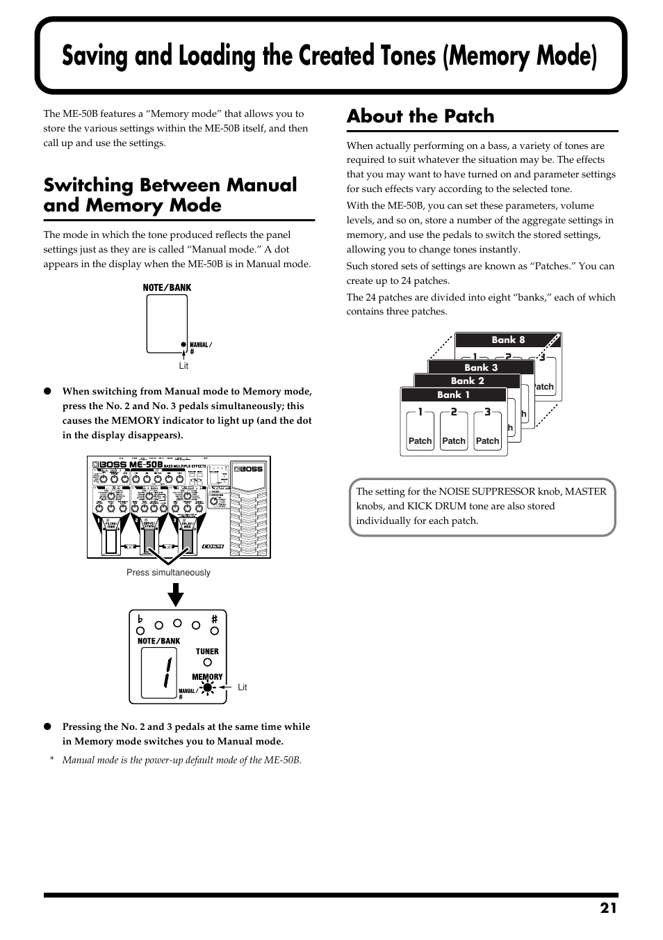 Saving and loading the created tones (memory mode), Switching between manual and memory mode, About the patch | For each patch (p. 21) | Boss Audio Systems ME-50B User Manual | Page 21 / 40