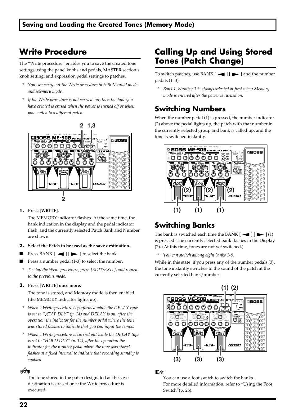 Write procedure, Calling up and using stored tones (patch change), Switching numbers | Switching banks, Switching numbers switching banks, Executing write procedures (p. 22) after | Boss Audio Systems ME-50B User Manual | Page 22 / 40