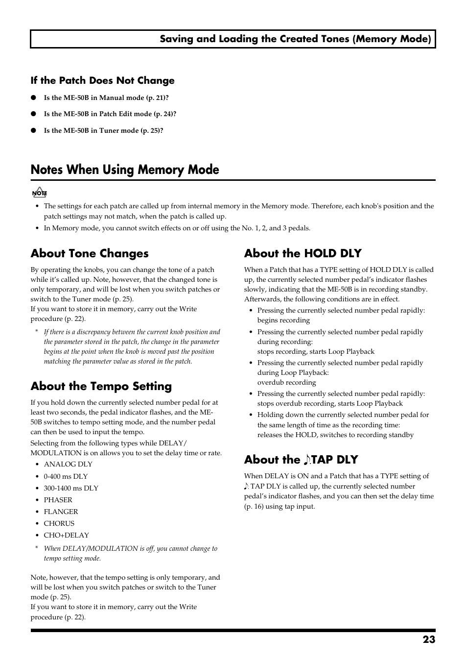 Notes when using memory mode, About tone changes, About the tempo setting | About the hold dly, About the e.tap dly, Changing the patch settings (patch edit mode), About the tap dly | Boss Audio Systems ME-50B User Manual | Page 23 / 40