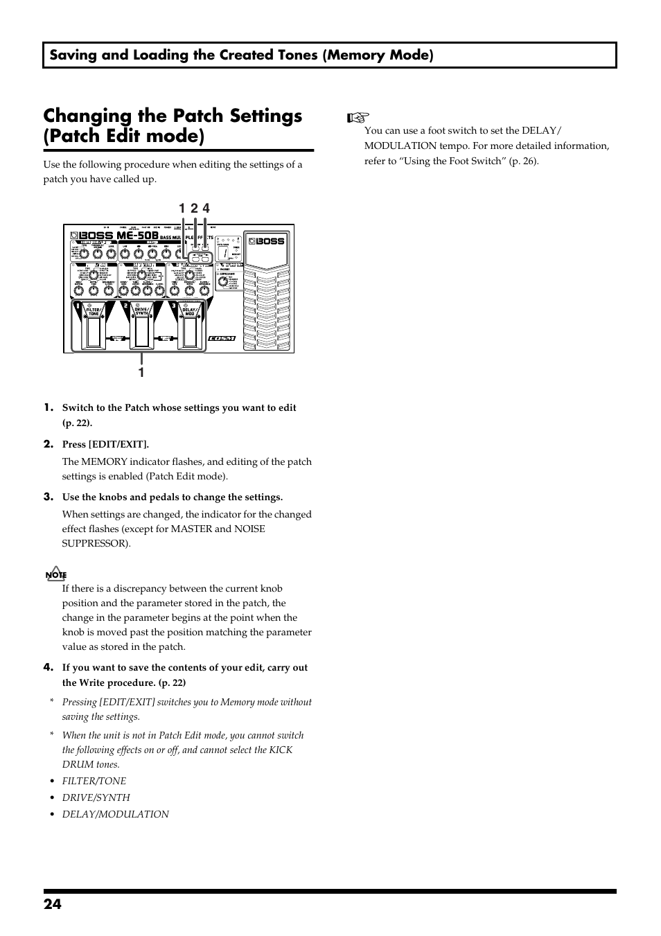 Changing the patch settings (patch edit mode), Is the me-50b in patch edit mode (p. 24) | Boss Audio Systems ME-50B User Manual | Page 24 / 40