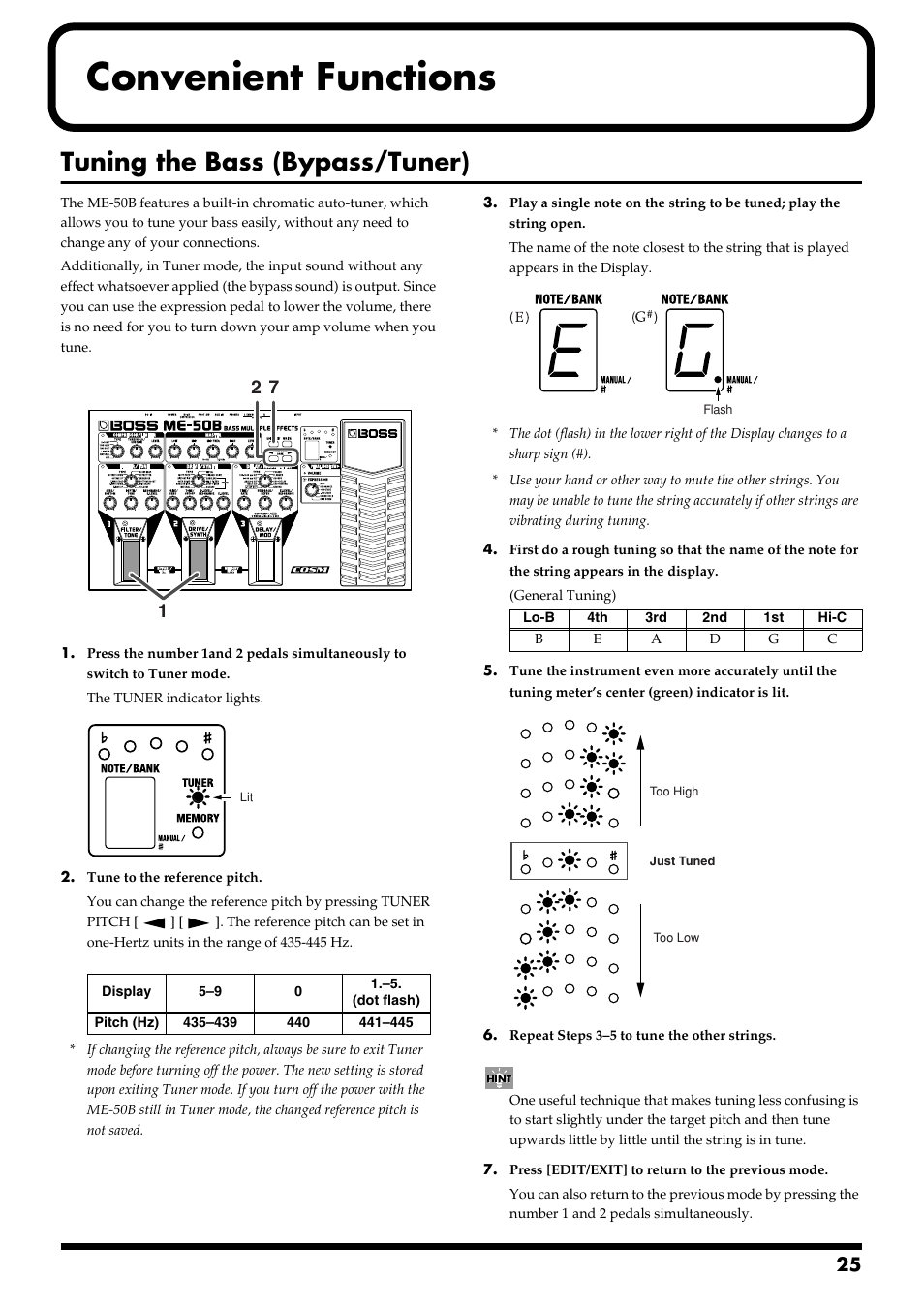 Convenient functions, Tuning the bass (bypass/tuner), Is the me-50b in tuner mode (p. 25) | Switch to the tuner mode (p. 25), Mode (p. 25) | Boss Audio Systems ME-50B User Manual | Page 25 / 40