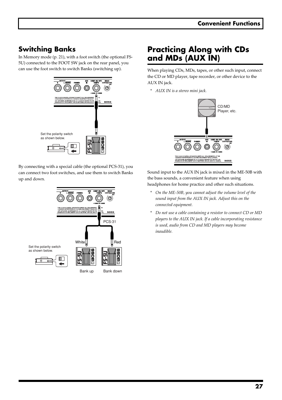 Switching banks, Practicing along with cds and mds (aux in), 27 convenient functions | Boss Audio Systems ME-50B User Manual | Page 27 / 40