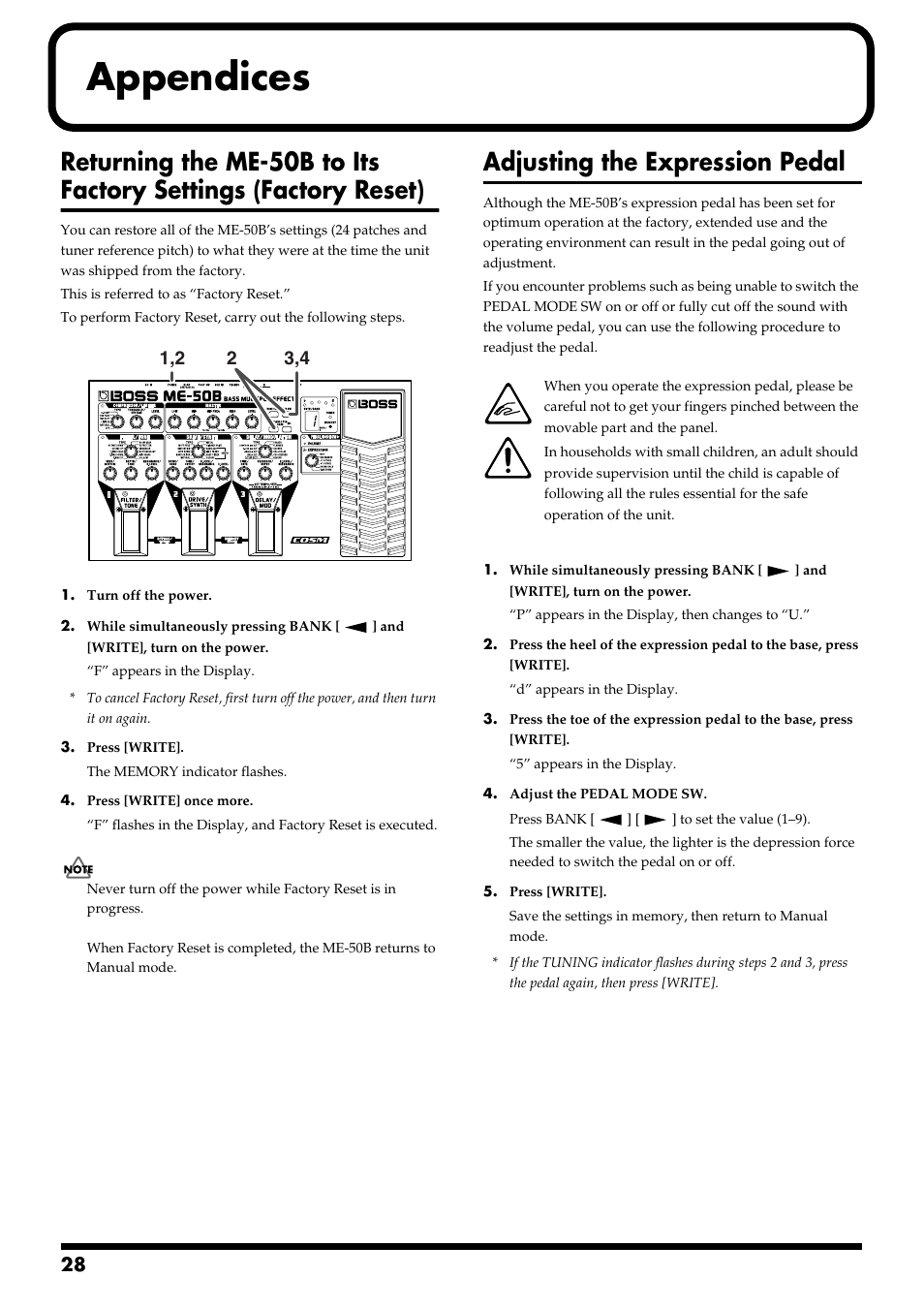 Appendices, Adjusting the expression pedal | Boss Audio Systems ME-50B User Manual | Page 28 / 40