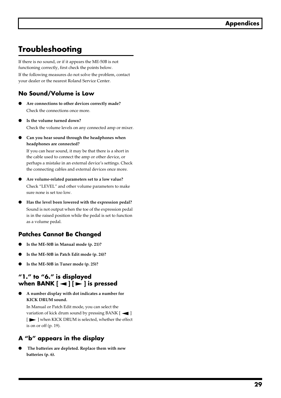 Troubleshooting, 29 appendices, No sound/volume is low | Patches cannot be changed, A “b” appears in the display | Boss Audio Systems ME-50B User Manual | Page 29 / 40