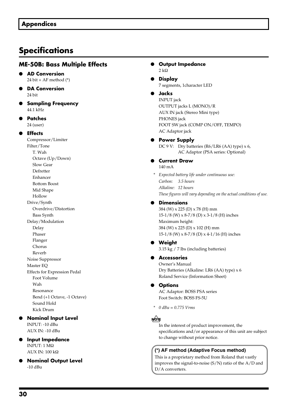 Specifications, 30 appendices, Me-50b: bass multiple effects | Boss Audio Systems ME-50B User Manual | Page 30 / 40