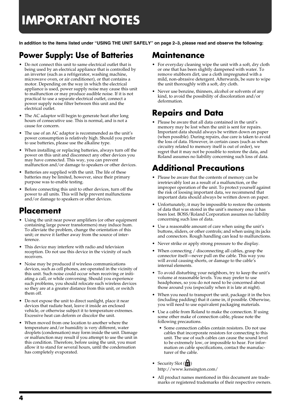 Important notes, Power supply: use of batteries, Placement | Maintenance, Repairs and data, Additional precautions | Boss Audio Systems ME-50B User Manual | Page 4 / 40