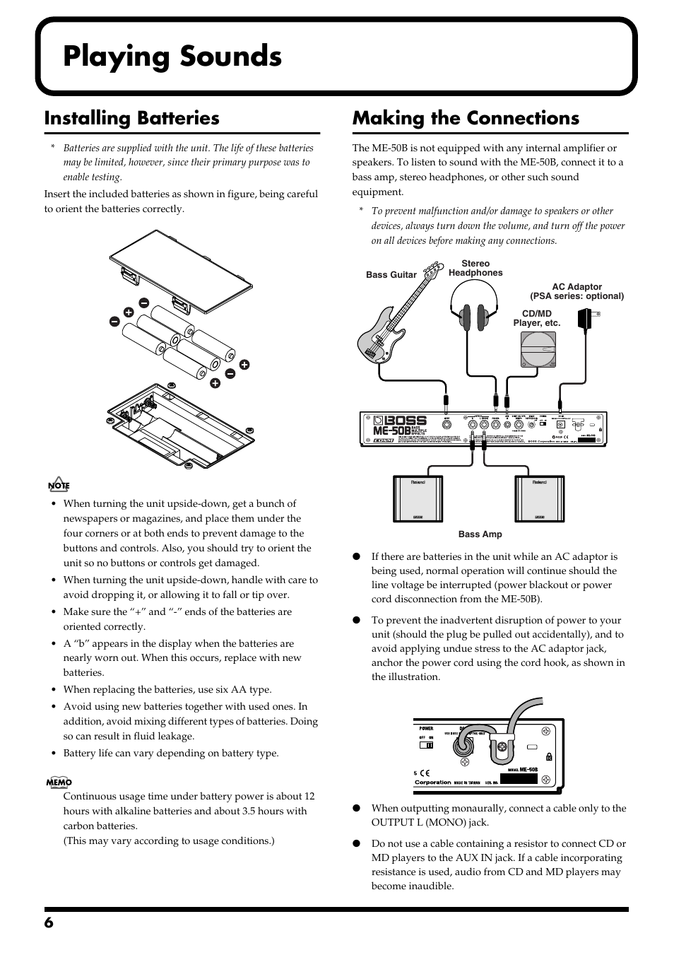 Playing sounds, Installing batteries, Making the connections | Boss Audio Systems ME-50B User Manual | Page 6 / 40