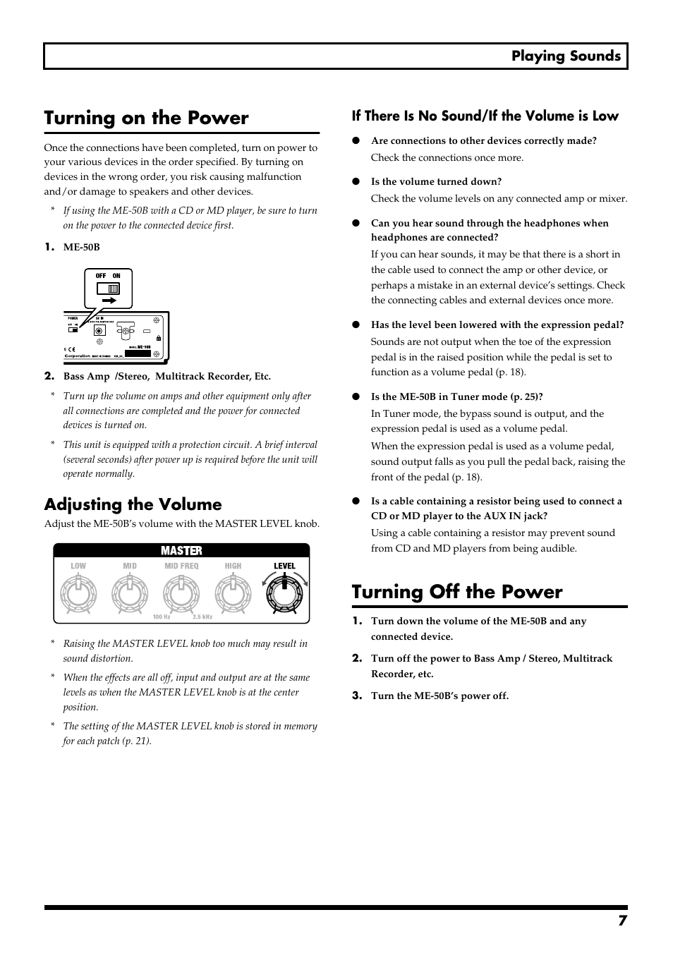 Turning on the power, Adjusting the volume, Turning off the power | 7 playing sounds, If there is no sound/if the volume is low | Boss Audio Systems ME-50B User Manual | Page 7 / 40