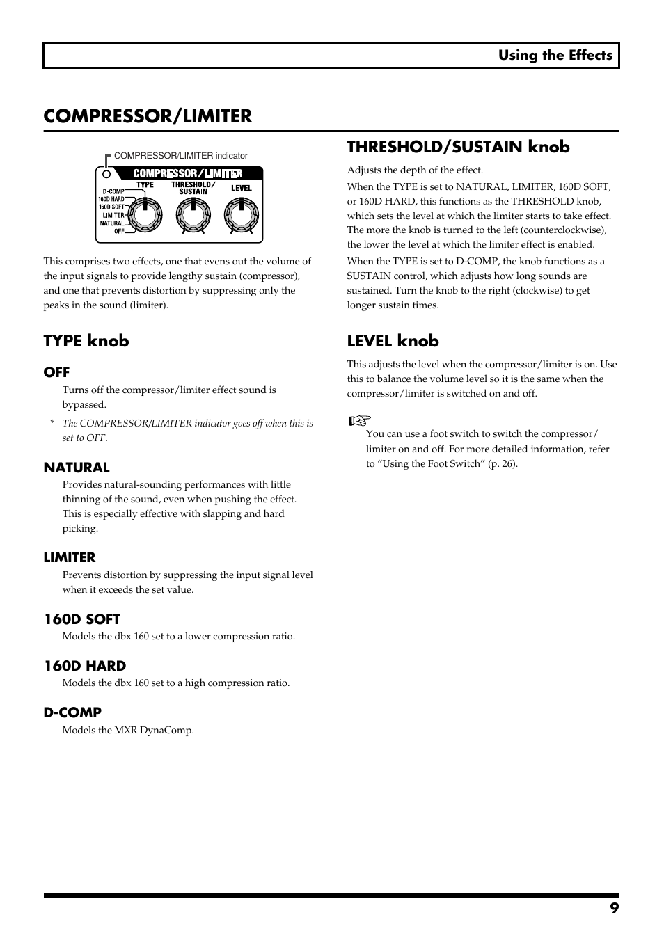 Compressor/limiter, Type knob, Threshold/sustain knob | Level knob | Boss Audio Systems ME-50B User Manual | Page 9 / 40