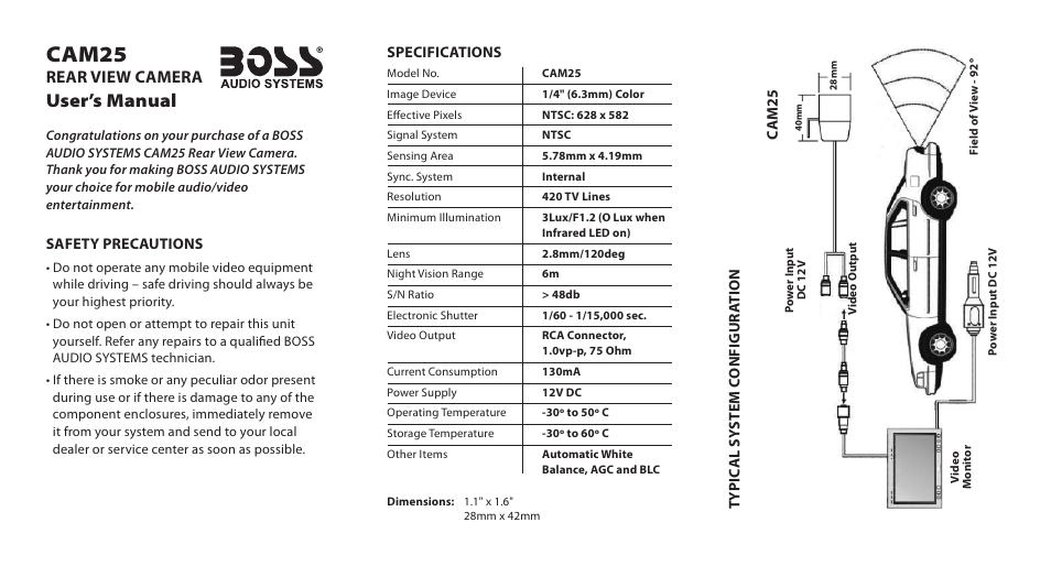Cam25, User’s manual, Rear view camera | Boss Audio Systems CAM25 User Manual | Page 2 / 2