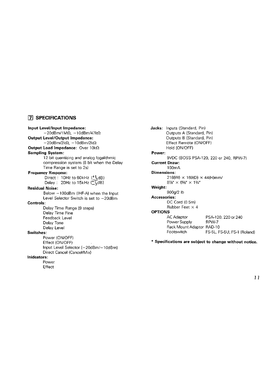 Input level/input impedance | Boss Audio Systems Boss Digital Panning Delay RPD-10 User Manual | Page 11 / 12