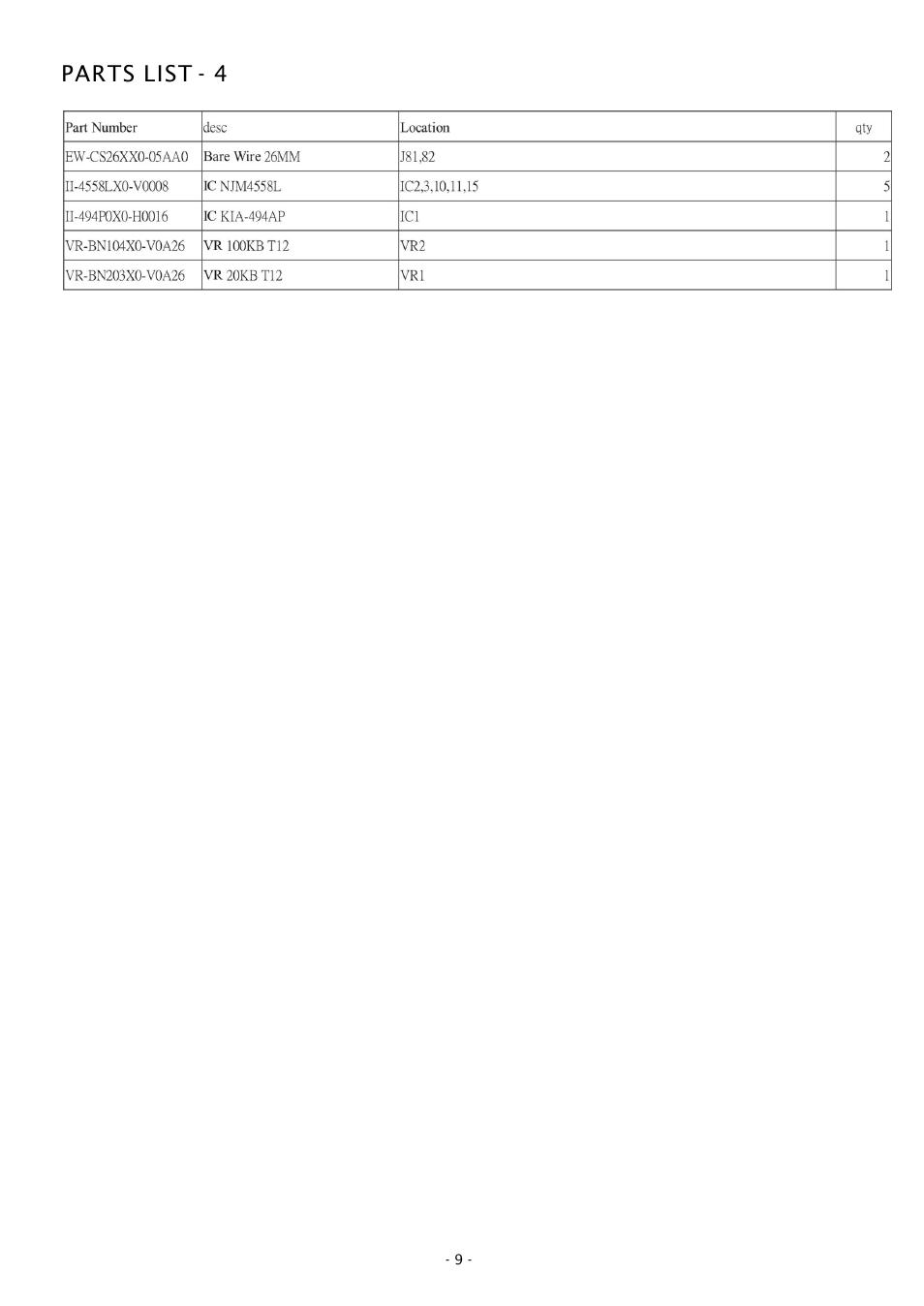 Parts list - 4 | Boss Audio Systems GT480 User Manual | Page 9 / 9