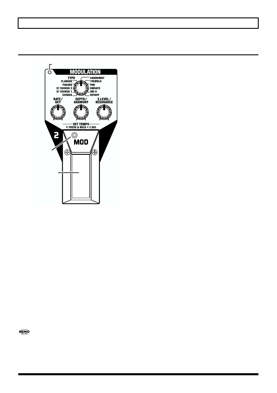 Modulation, Mod pedal, Type knob | 12 using the effects, Chorus, St chorus 1, St chorus 2, Phaser | Boss Audio Systems ME-50 User Manual | Page 12 / 36