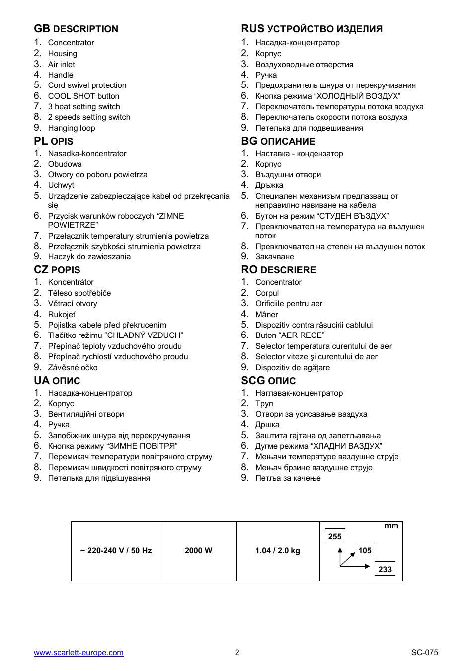Ua scg | Scarlett SC-075 User Manual | Page 2 / 16
