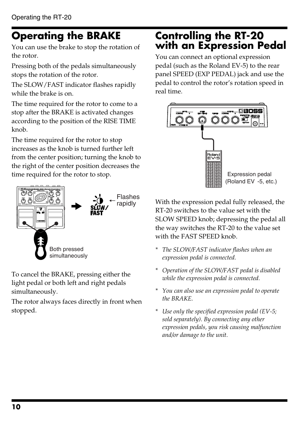 Operating the brake, Controlling the rt-20 with an expression pedal | Boss Audio Systems RT-20 User Manual | Page 10 / 20