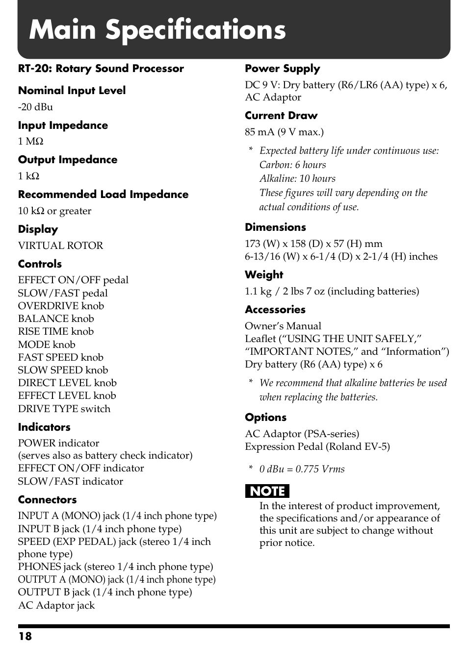 Main specifications | Boss Audio Systems RT-20 User Manual | Page 18 / 20