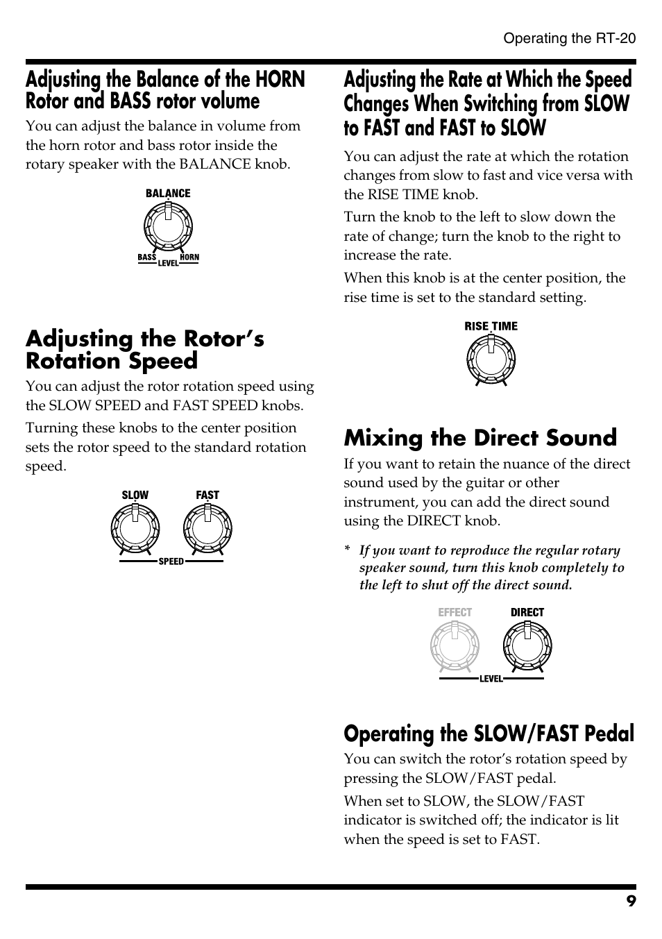 Adjusting the rotor’s rotation speed, Mixing the direct sound, Operating the slow/fast pedal | Boss Audio Systems RT-20 User Manual | Page 9 / 20