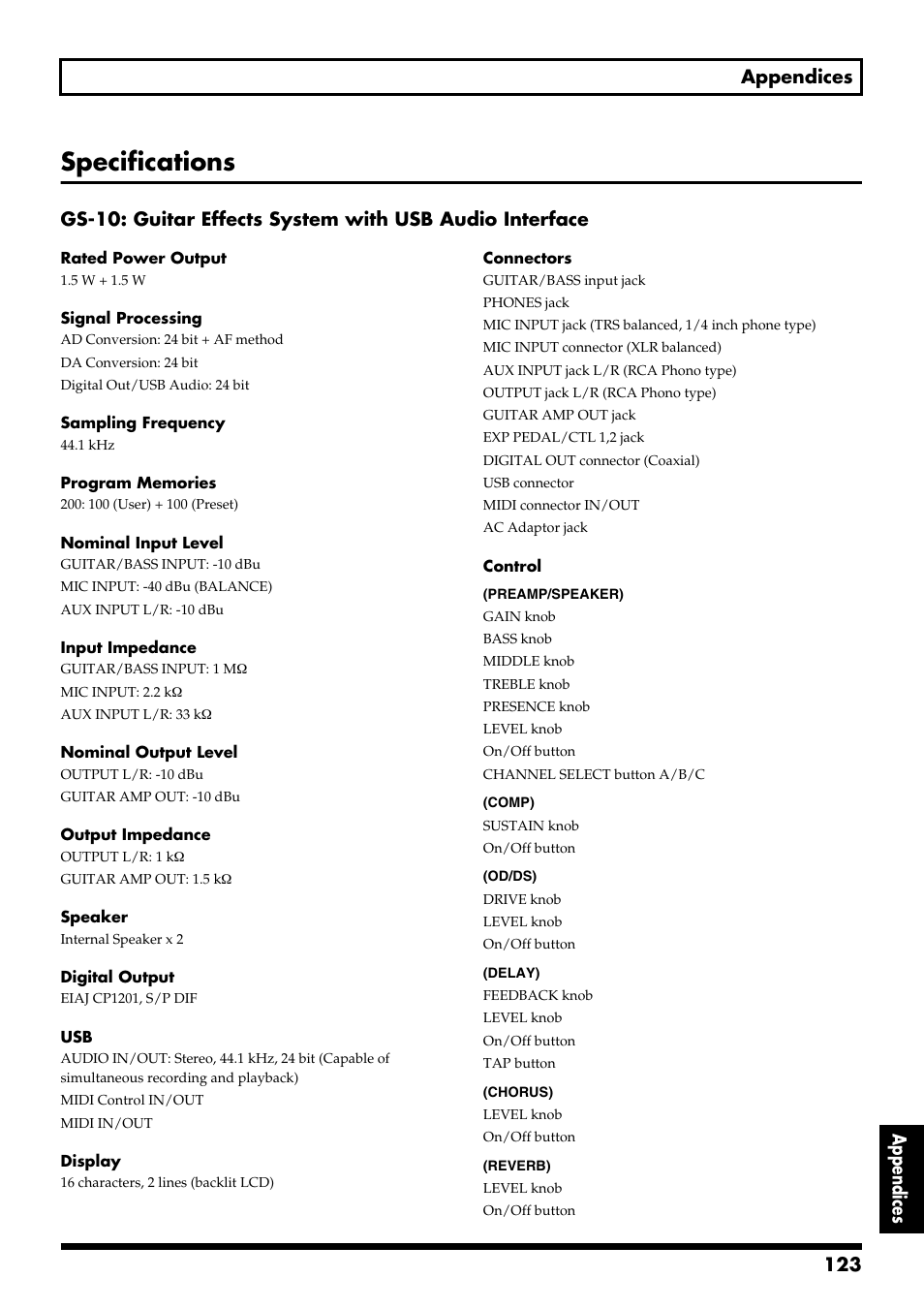 Specifications, 123 appendices appendices | Boss Audio Systems GS-10 User Manual | Page 123 / 180