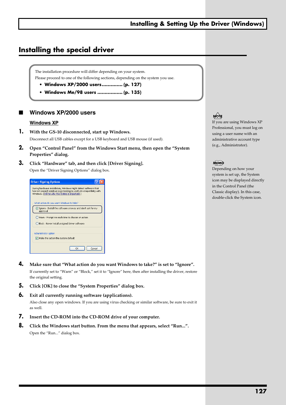 Installing the special driver, 127 installing & setting up the driver (windows), Windows xp/2000 users | Boss Audio Systems GS-10 User Manual | Page 127 / 180