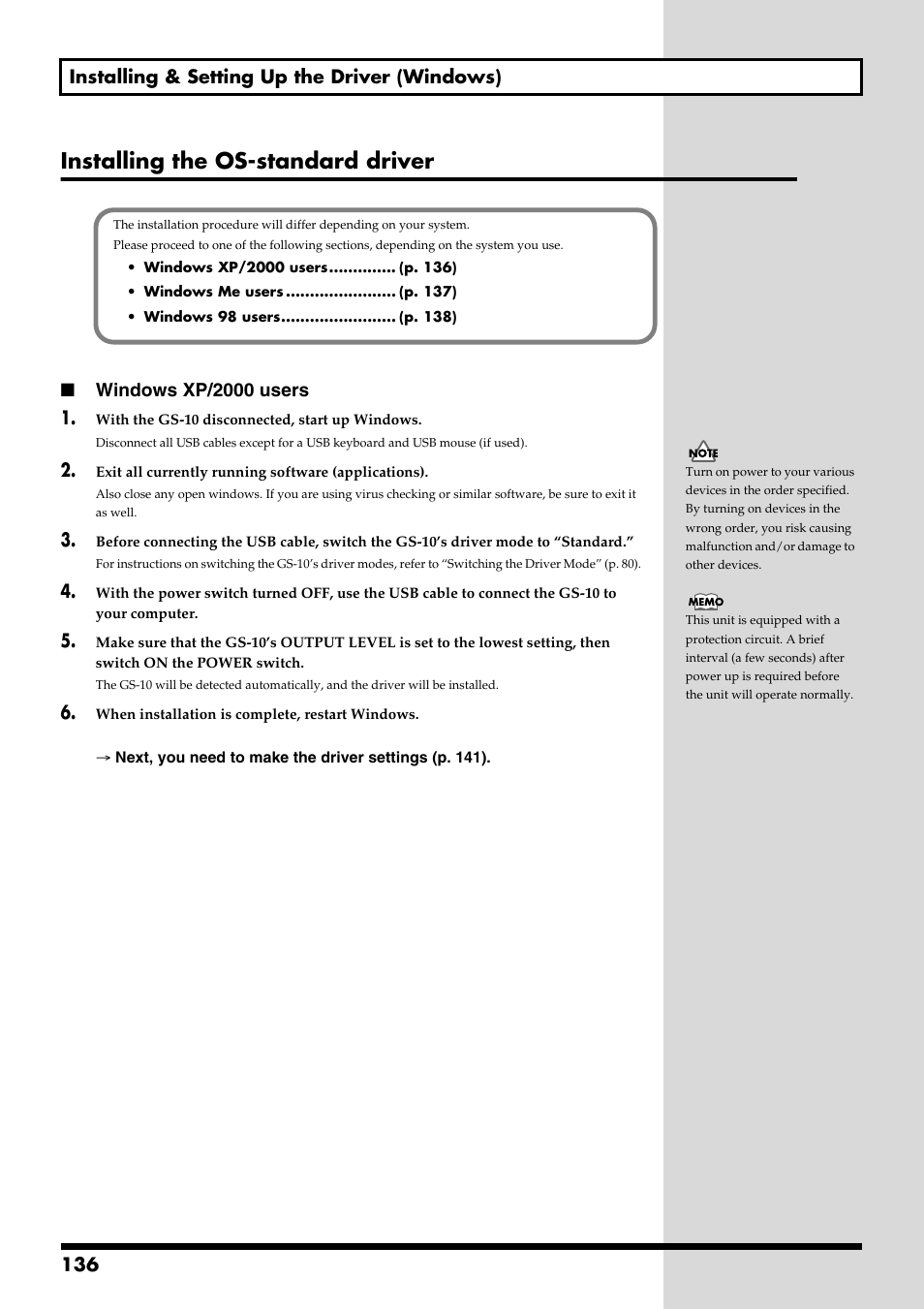 Installing the os-standard driver, 136 installing & setting up the driver (windows) | Boss Audio Systems GS-10 User Manual | Page 136 / 180