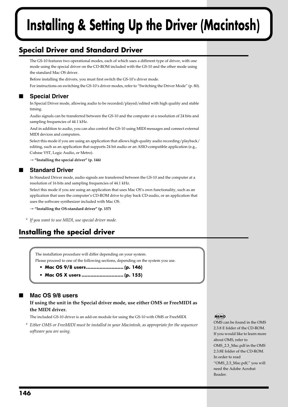 Installing & setting up the driver (macintosh), Special driver and standard driver, Installing the special driver | Special driver, Standard driver, Mac os 9/8 users | Boss Audio Systems GS-10 User Manual | Page 146 / 180