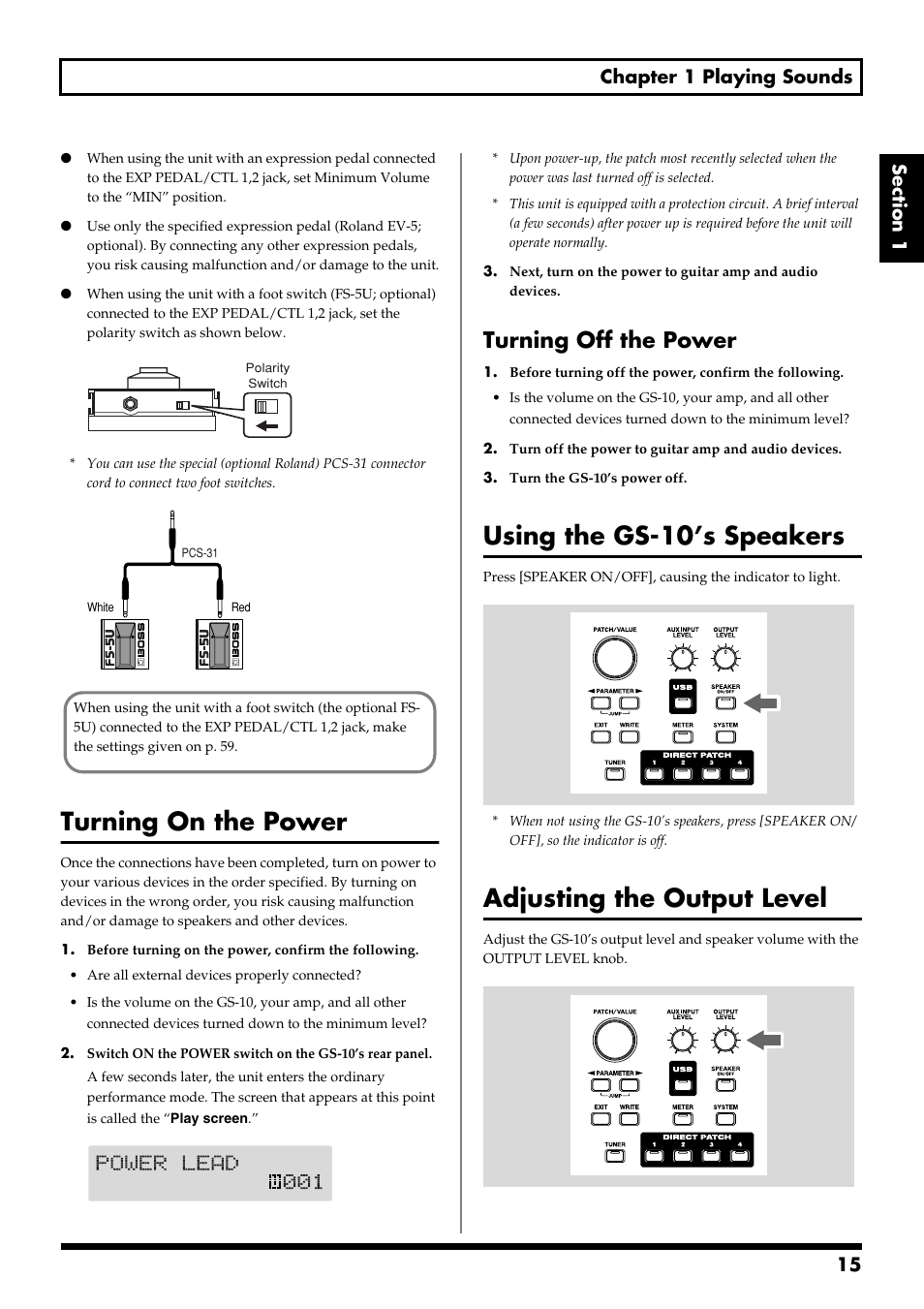 Turning on the power, Turning off the power, Using the gs-10’s speakers | Adjusting the output level, Speaker on/off button (p. 15) | Boss Audio Systems GS-10 User Manual | Page 15 / 180