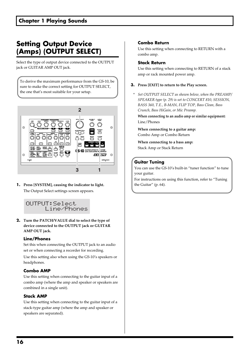 Setting output device (amps) (output select), 16 chapter 1 playing sounds | Boss Audio Systems GS-10 User Manual | Page 16 / 180