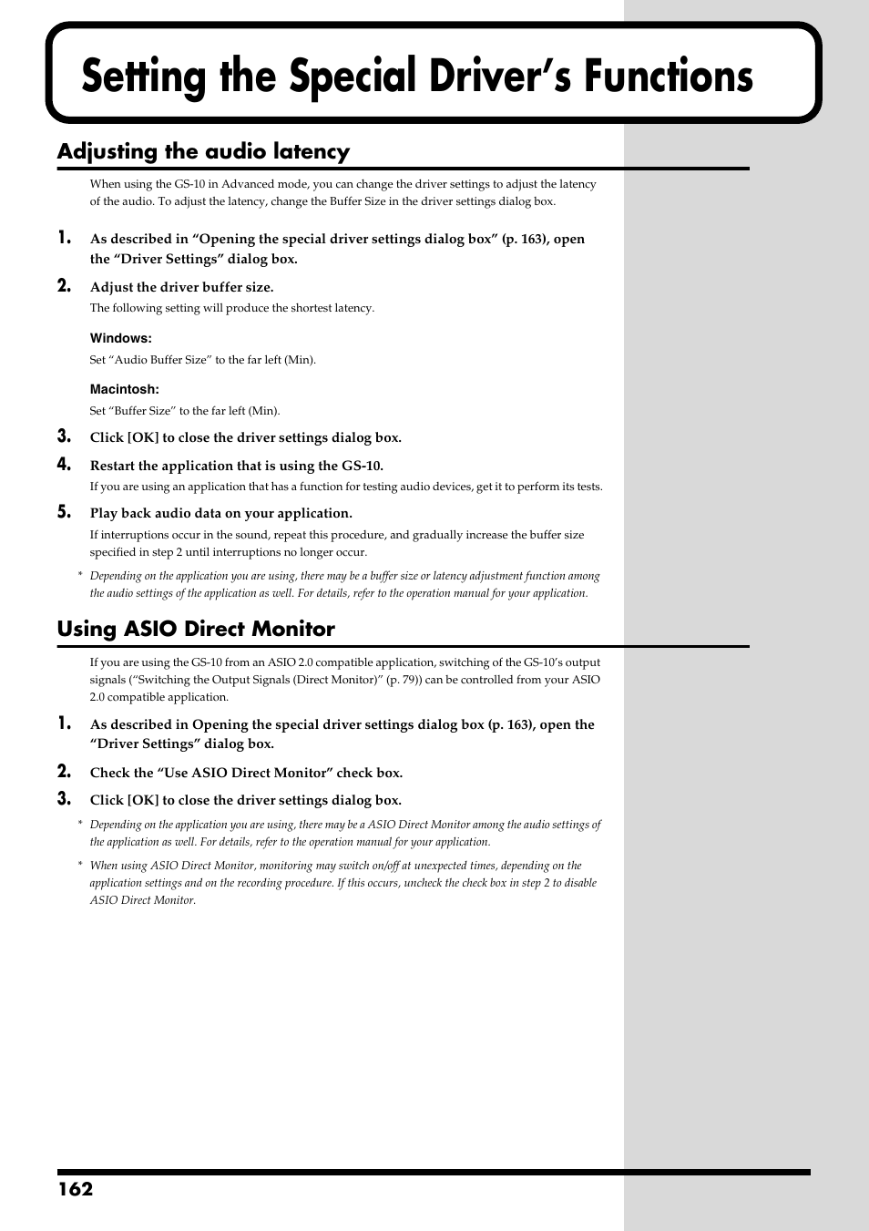 Setting the special driver’s functions, Adjusting the audio latency, Using asio direct monitor | Boss Audio Systems GS-10 User Manual | Page 162 / 180