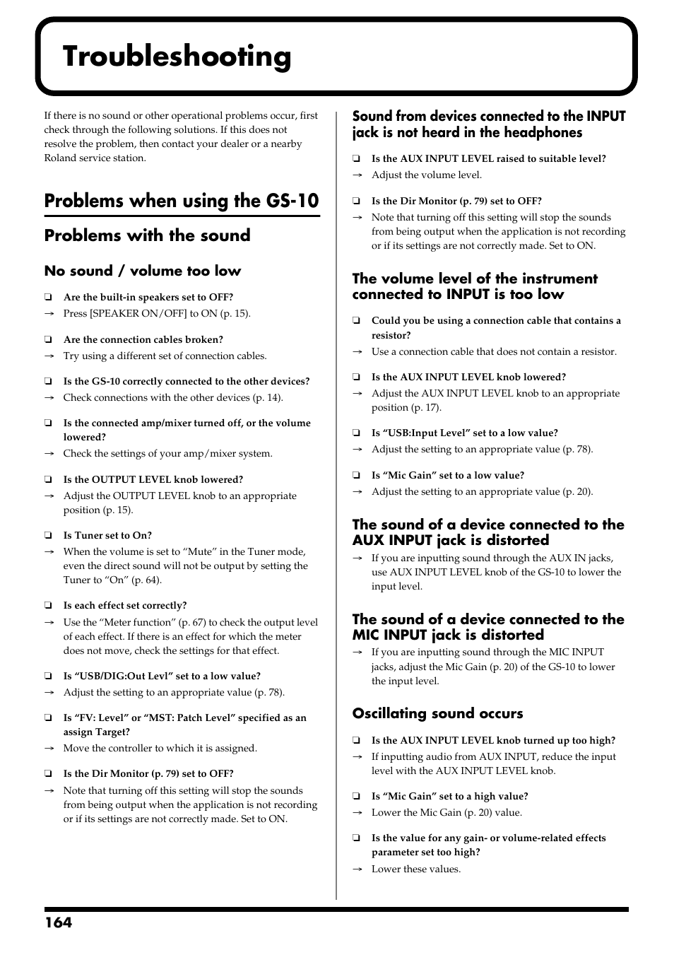 Troubleshooting, Problems when using the gs-10, Problems with the sound | Boss Audio Systems GS-10 User Manual | Page 164 / 180