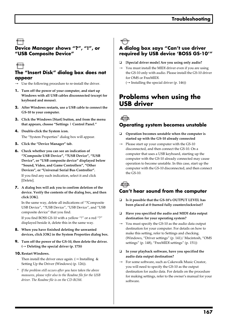 Problems when using the usb driver, Operating system becomes unstable, Can’t hear sound from the computer | Boss Audio Systems GS-10 User Manual | Page 167 / 180