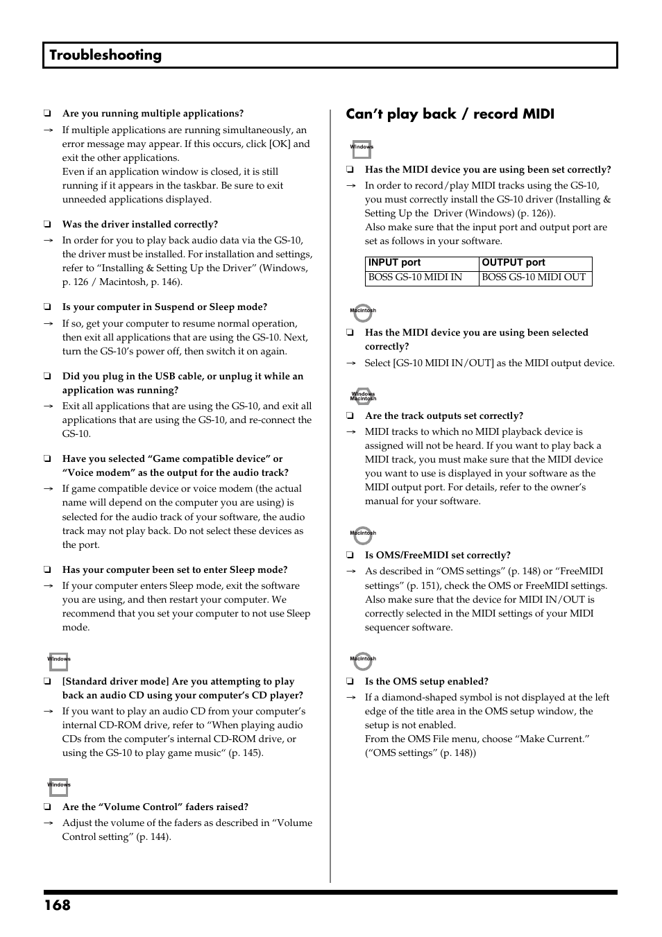 168 troubleshooting, Can’t play back / record midi | Boss Audio Systems GS-10 User Manual | Page 168 / 180