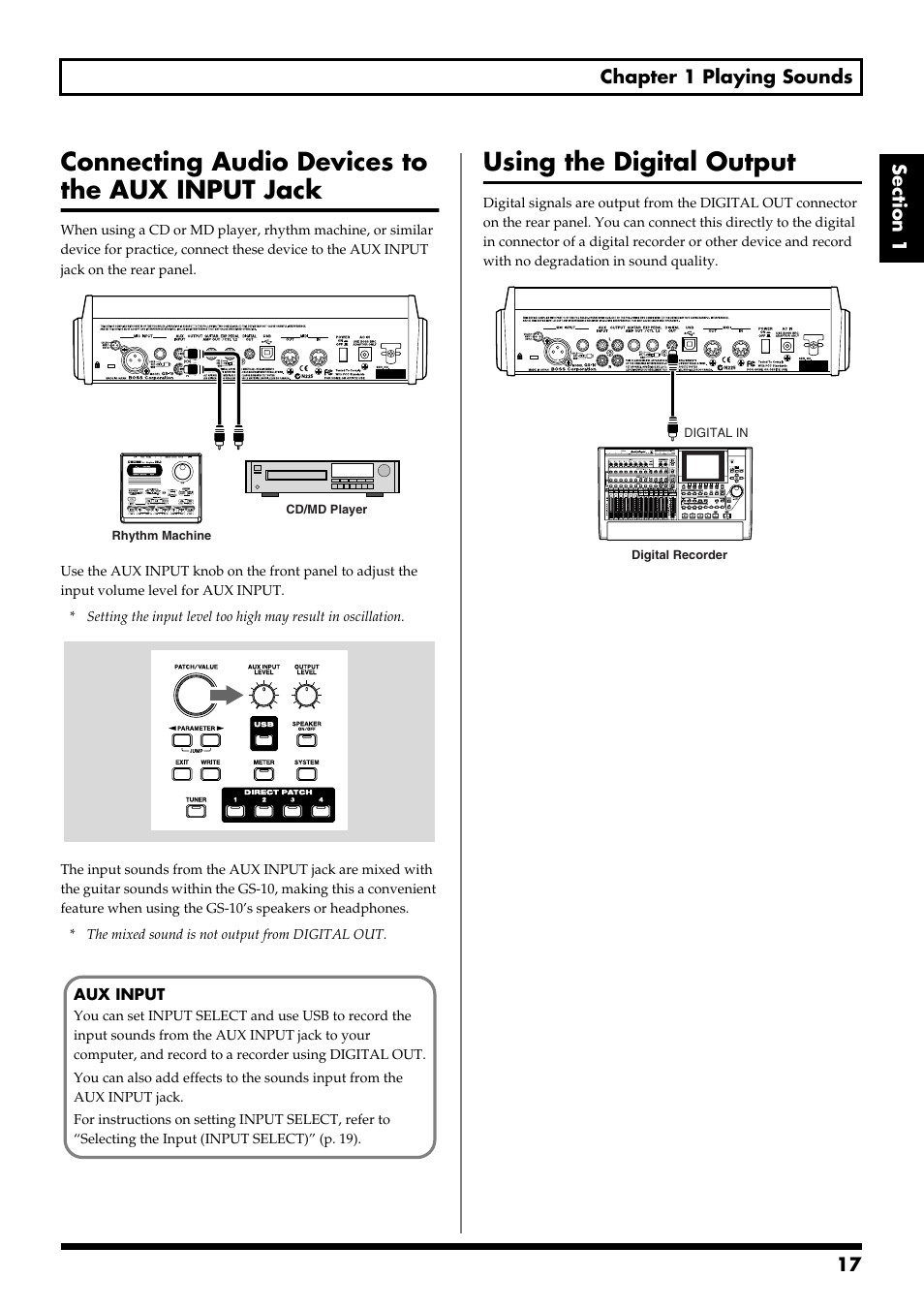 Connecting audio devices to the aux input jack, Using the digital output | Boss Audio Systems GS-10 User Manual | Page 17 / 180