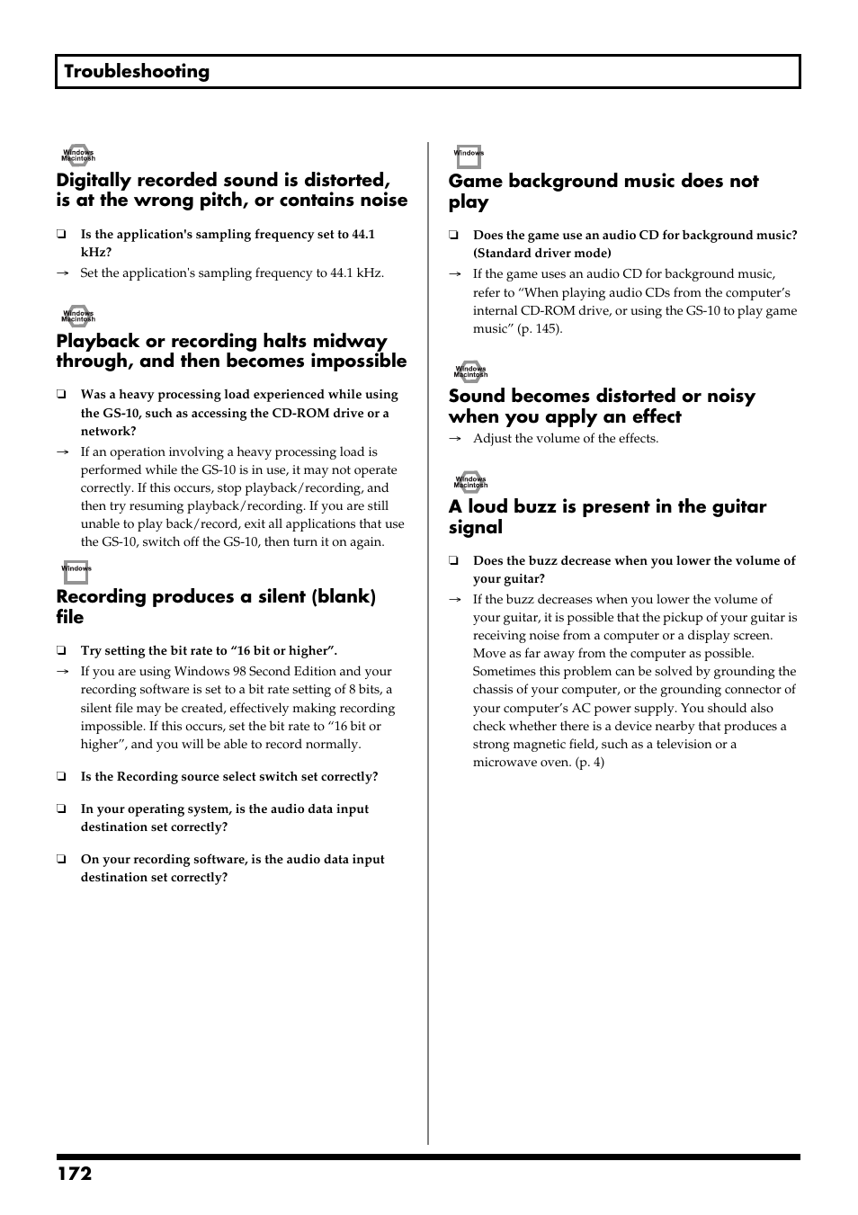 Recording produces a silent (blank) file, Game background music does not play, A loud buzz is present in the guitar signal | Boss Audio Systems GS-10 User Manual | Page 172 / 180