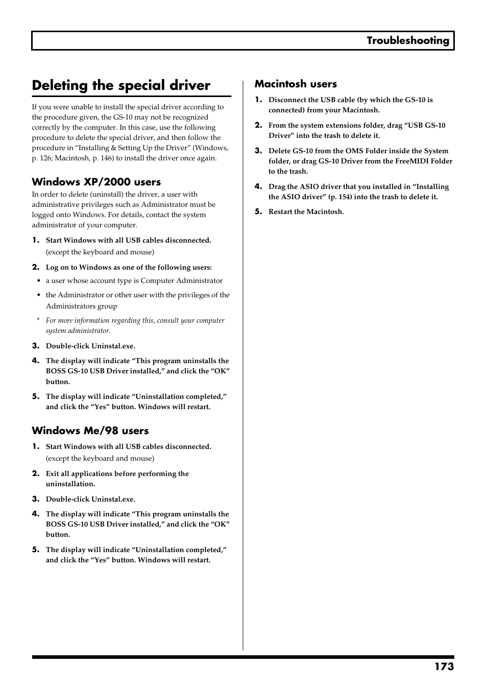 Deleting the special driver, Deleting the special driver (p. 173)), 173 troubleshooting | Windows xp/2000 users, Windows me/98 users, Macintosh users | Boss Audio Systems GS-10 User Manual | Page 173 / 180