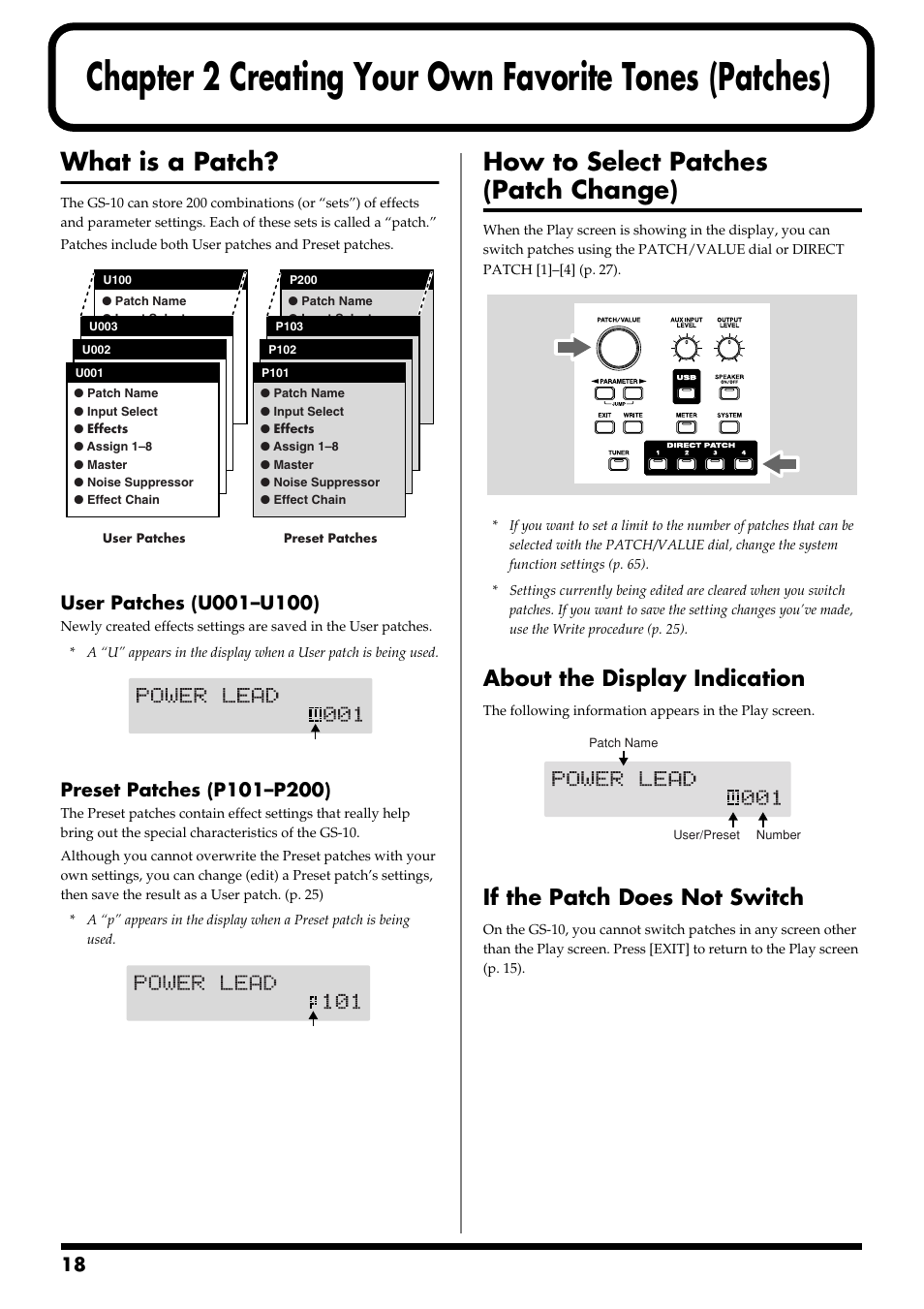 What is a patch, How to select patches (patch change), About the display indication | If the patch does not switch, Chapter 2, Creating your own favorite tones, Patches), Direct patch button (p. 18) | Boss Audio Systems GS-10 User Manual | Page 18 / 180