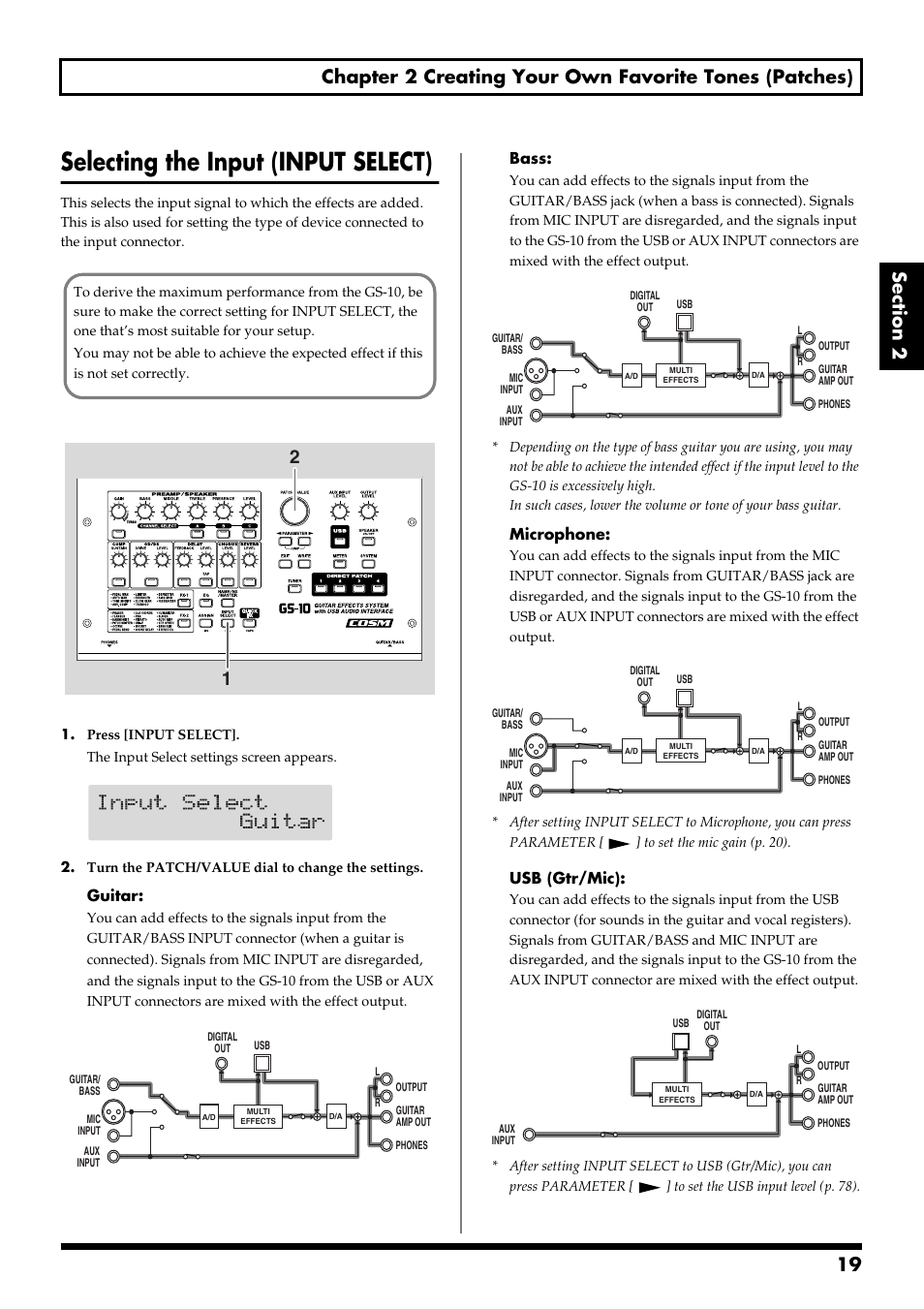 Selecting the input (input select), Guitar, Bass | Microphone, Usb (gtr/mic) | Boss Audio Systems GS-10 User Manual | Page 19 / 180